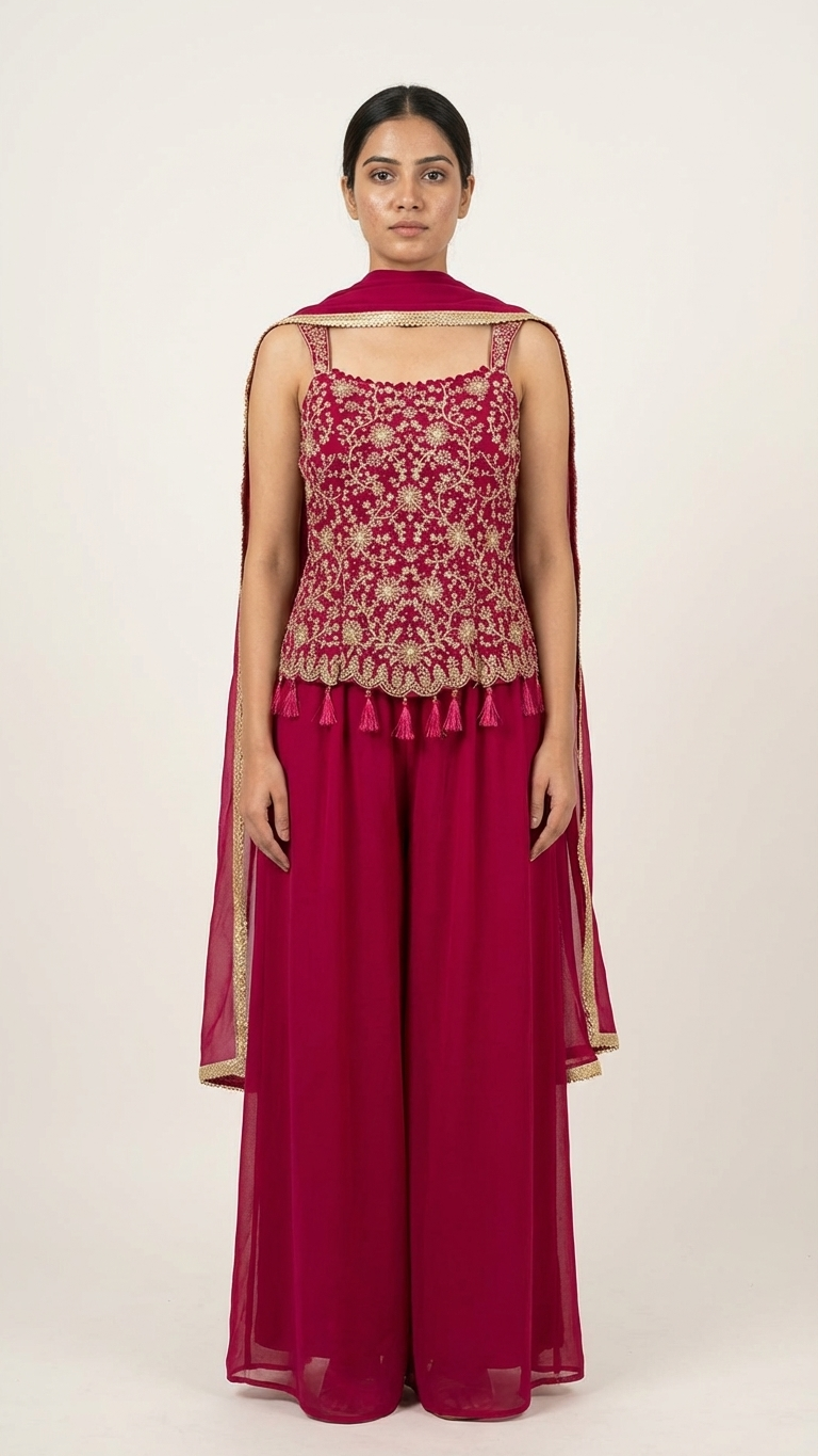 Georgette suit in magenta color with zarkan detailing elegant festive outfit India