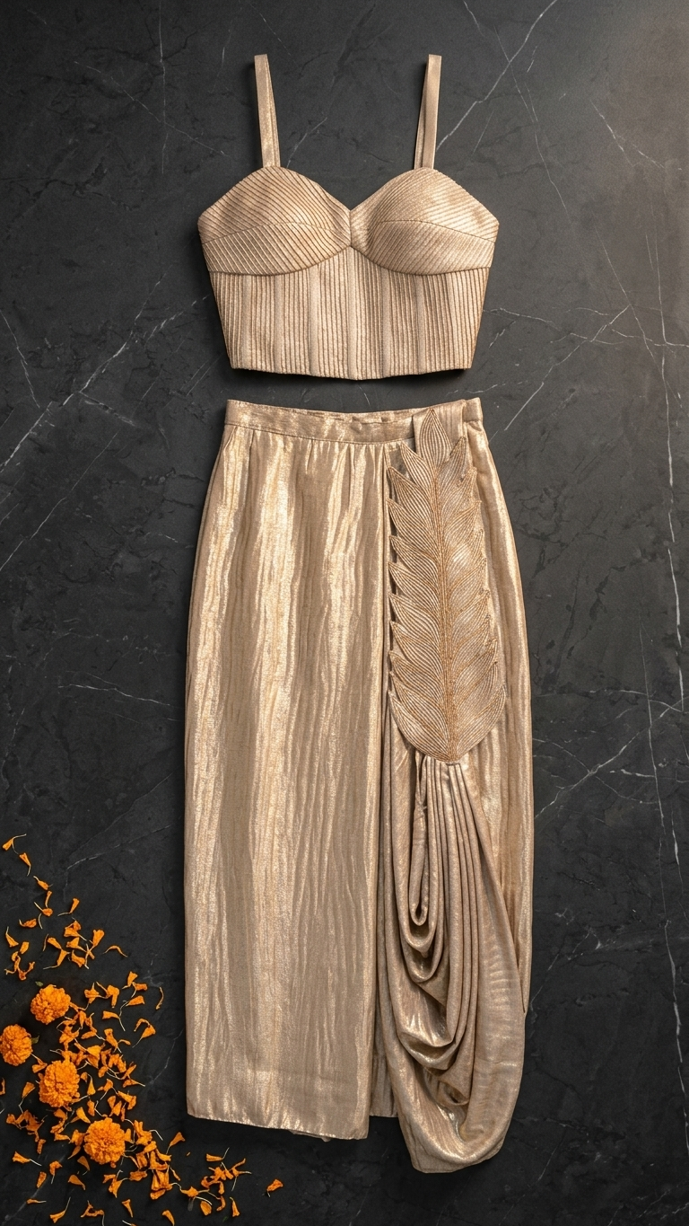 Golden party wear ready to wear saree with shimmer finish elegant evening outfit India