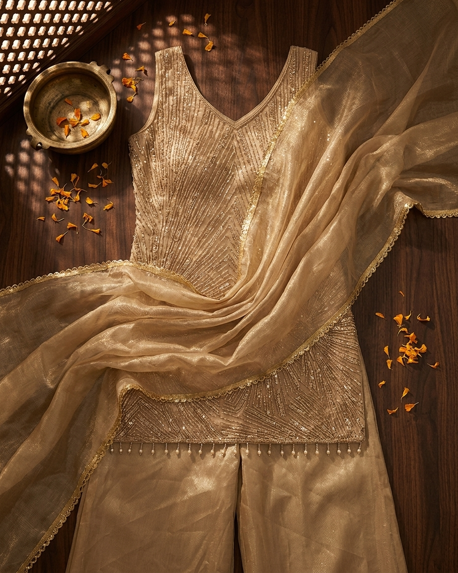 Golden party wear suit with handwork festive ethnic suit set from Chandni Chowk