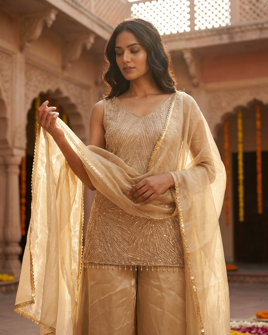 Golden ethnic suit for party and festive occasions elegant handwork outfit India