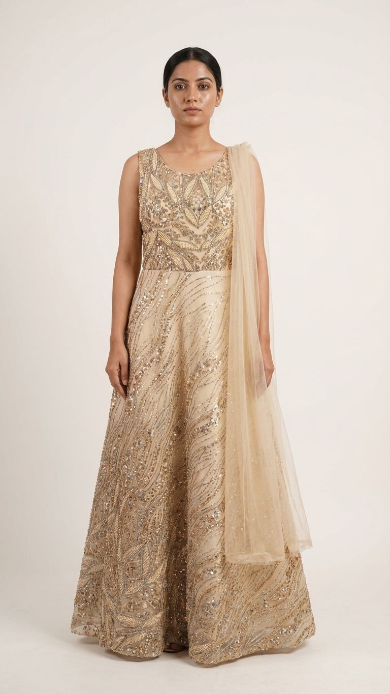 Golden gown with heavy katdana and pearl work inspired by Chandni Chowk bridal style