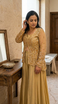 Golden mustard indo western set with embroidered organza jacket Chandni Chowk festive wear