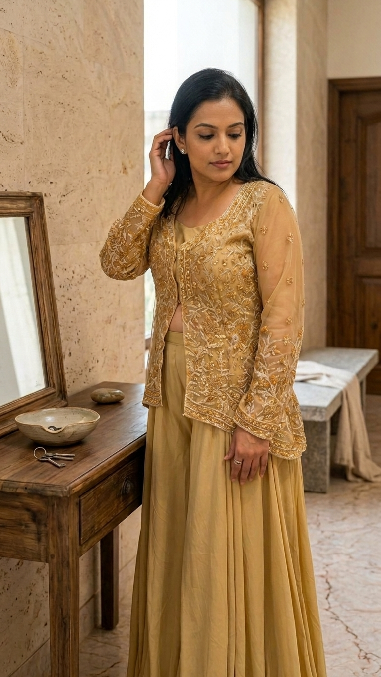 Golden mustard indo western set with embroidered organza jacket Chandni Chowk festive wear