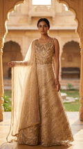 Golden net gown with katdana pearl sequin work Chandni Chowk wedding gown for women