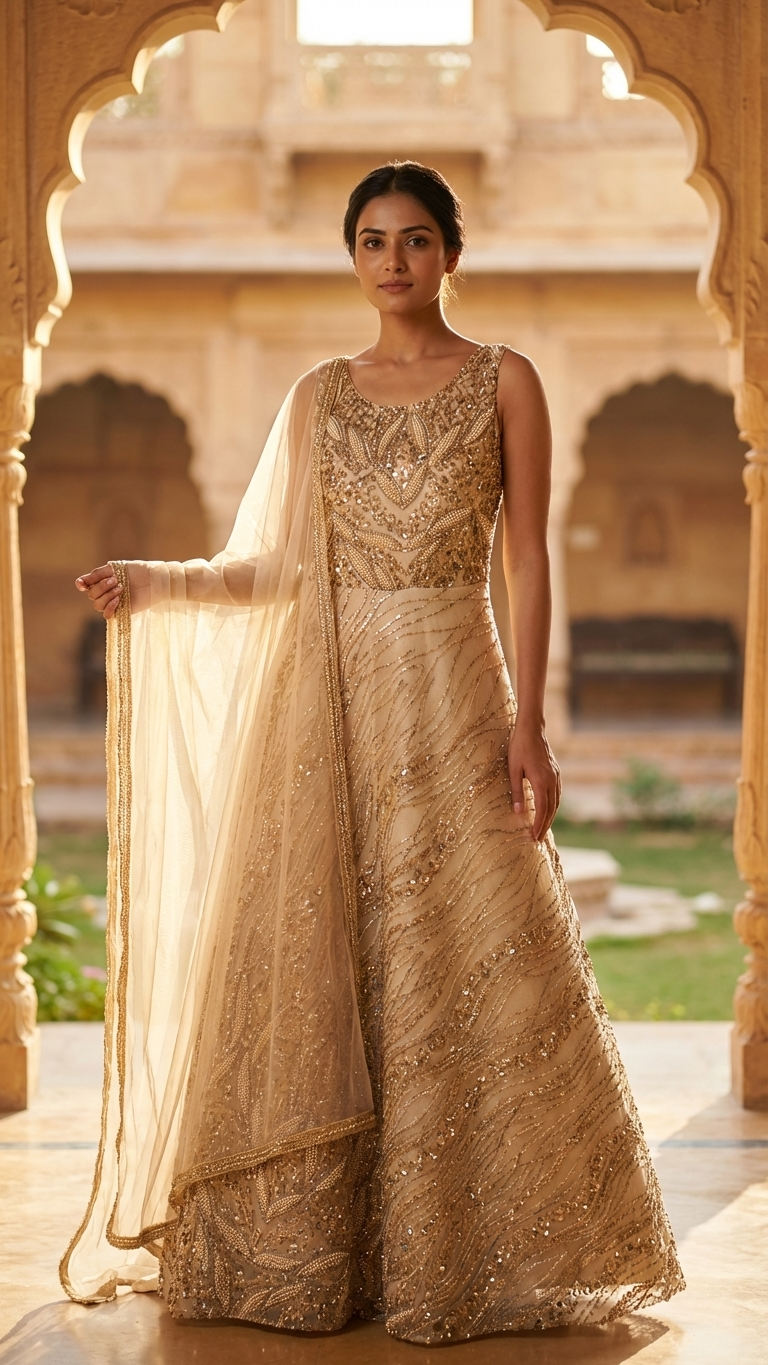Golden net gown with katdana pearl sequin work Chandni Chowk wedding gown for women