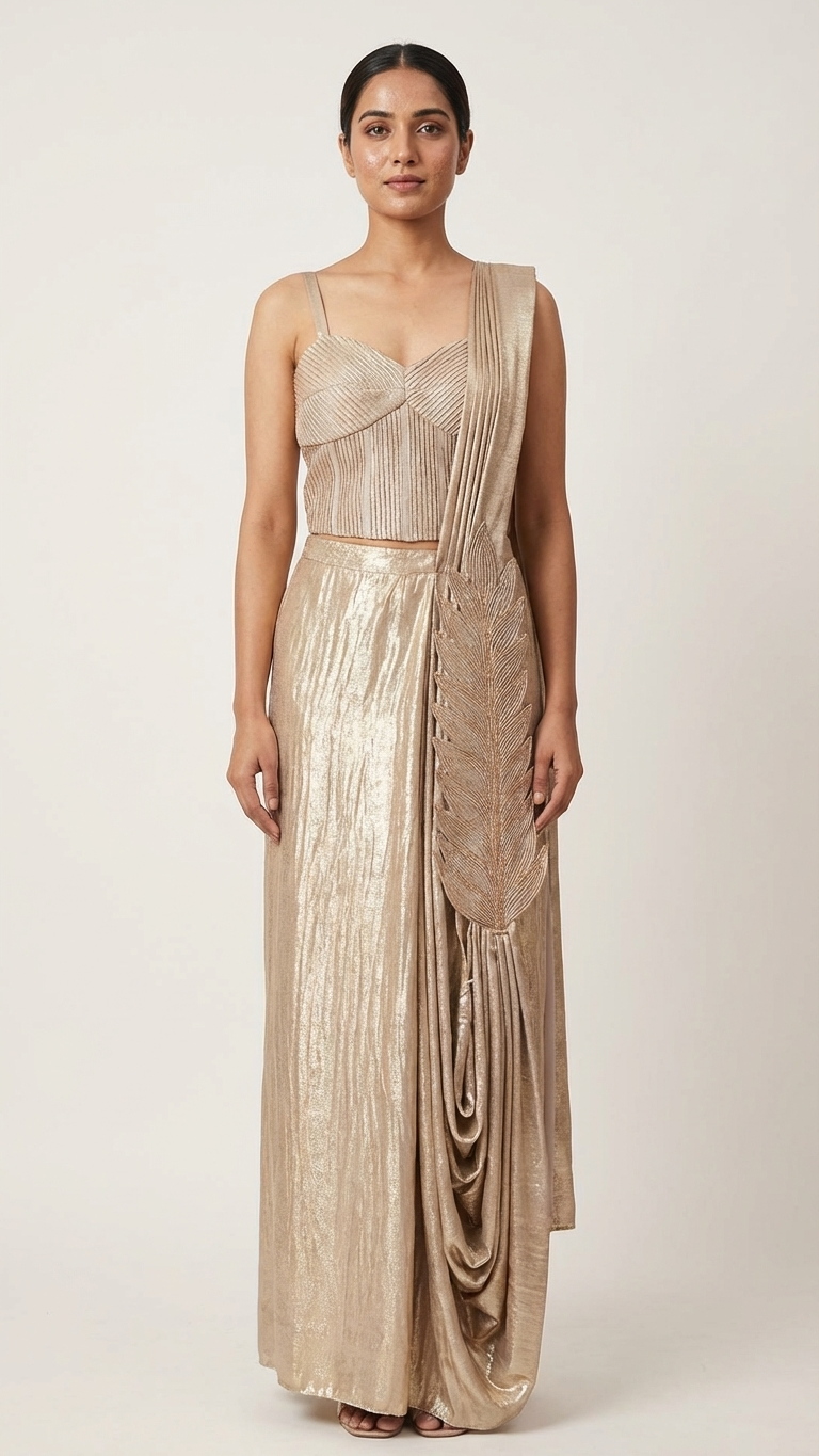 Golden ready to wear saree with crop top shimmer fabric modern party wear saree India