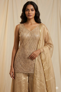 Golden shimmer chinnon suit with handwork elegant party wear suit for women India