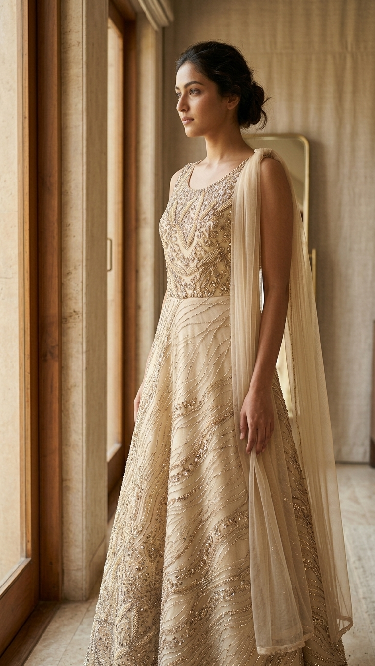 Golden wedding gown with heavy embroidery Chandni Chowk style statement outfit
