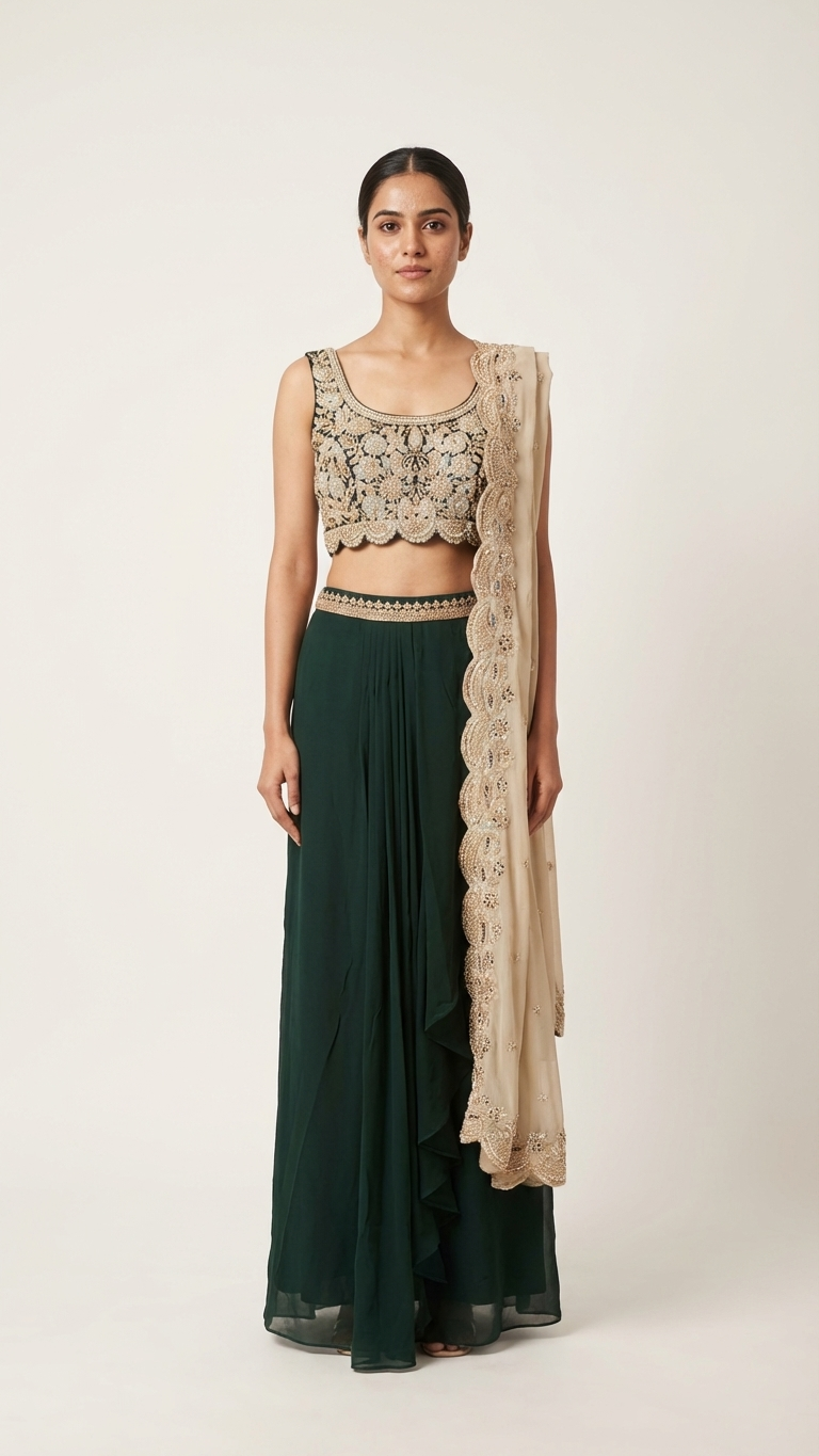 Bottle green and beige outfit with resham embroidery and stone work Chandni Chowk style