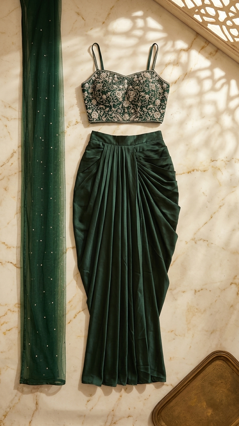 Emerald green luxury indo western outfit inspired by Chandni Chowk premium fashion