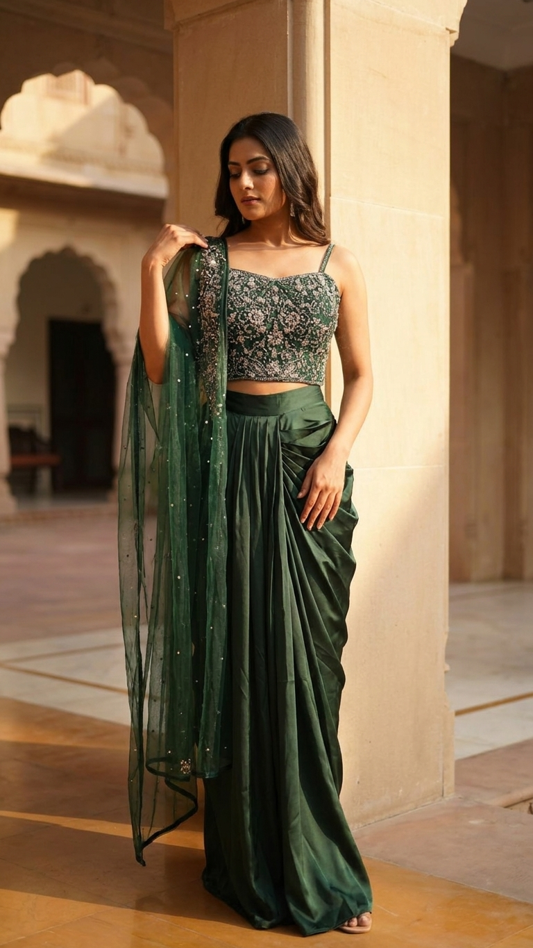 Emerald green draped outfit perfect for cocktail and reception wear for women India