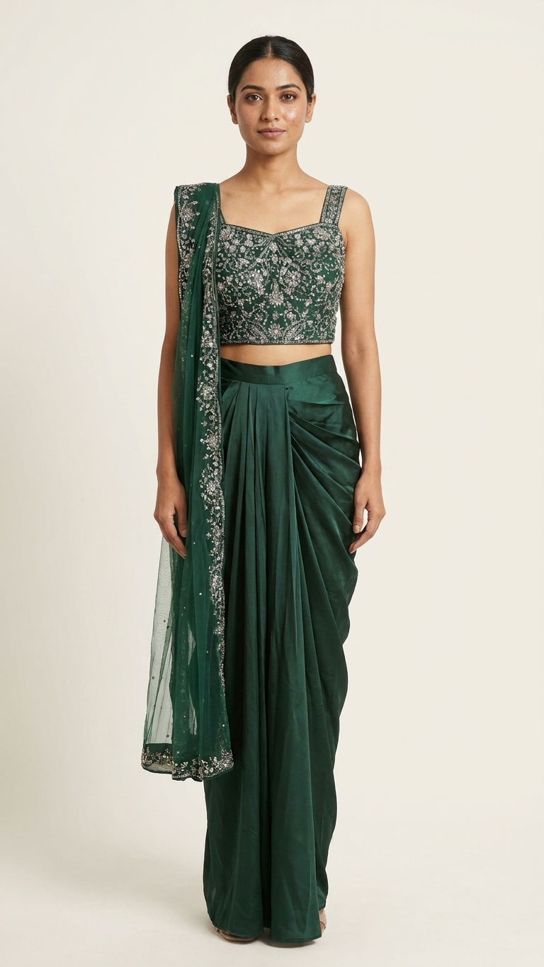 Emerald green blouse with crystal stone work and floral embroidery designer ethnic wear
