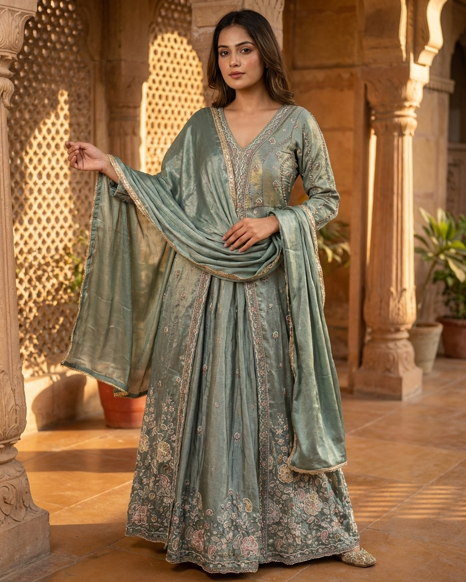 Green fusion wear outfit with handwork modern ethnic dress for festive and party occasions