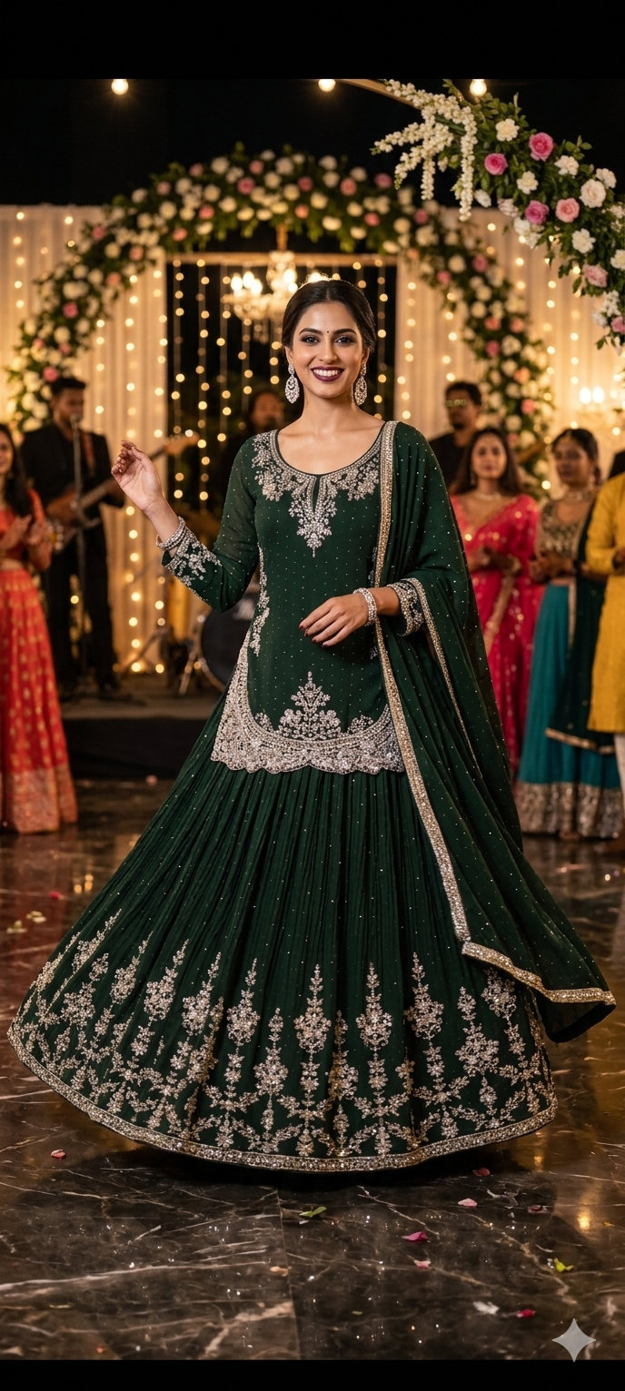 Green georgette indo western set with Swarovski style detailing elegant party wear outfit