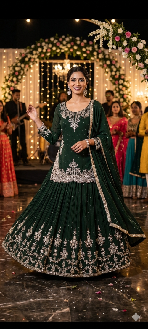 Green georgette indo western set with Swarovski style detailing elegant party wear outfit