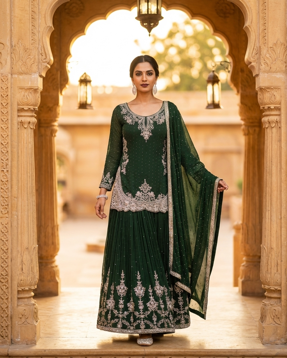 Bottle green party wear indo western dress with thread work and shimmer detailing