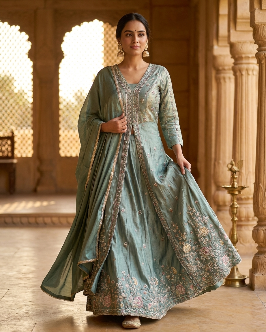 Green shimmer indo western dress with handwork stylish fusion wear for women
