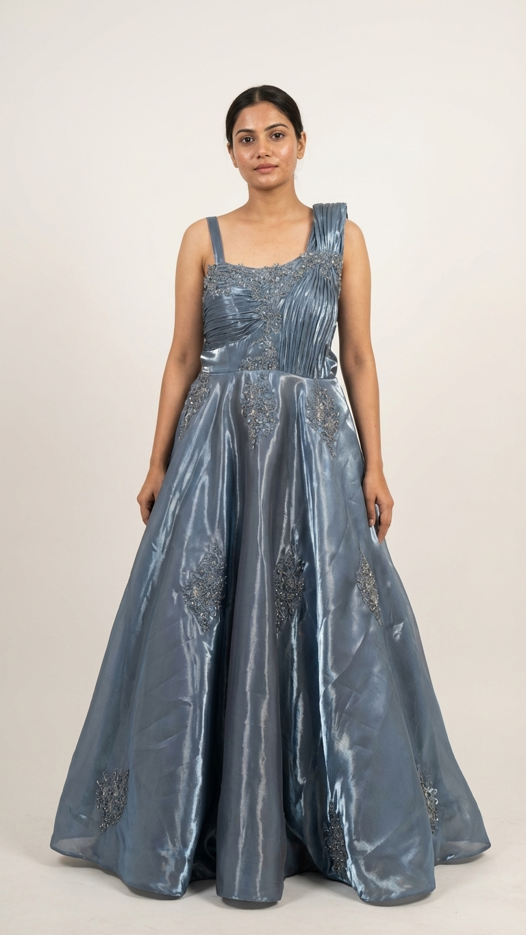 Steel grey designer gown with heavy embroidery Chandni Chowk style luxury outfit