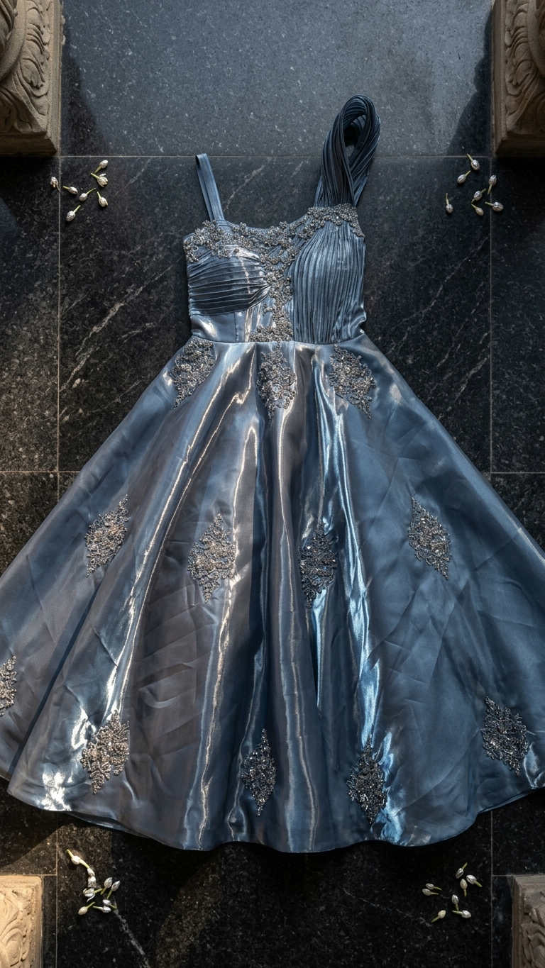 Steel grey gown with embroidery sequin bead work Chandni Chowk premium evening wear