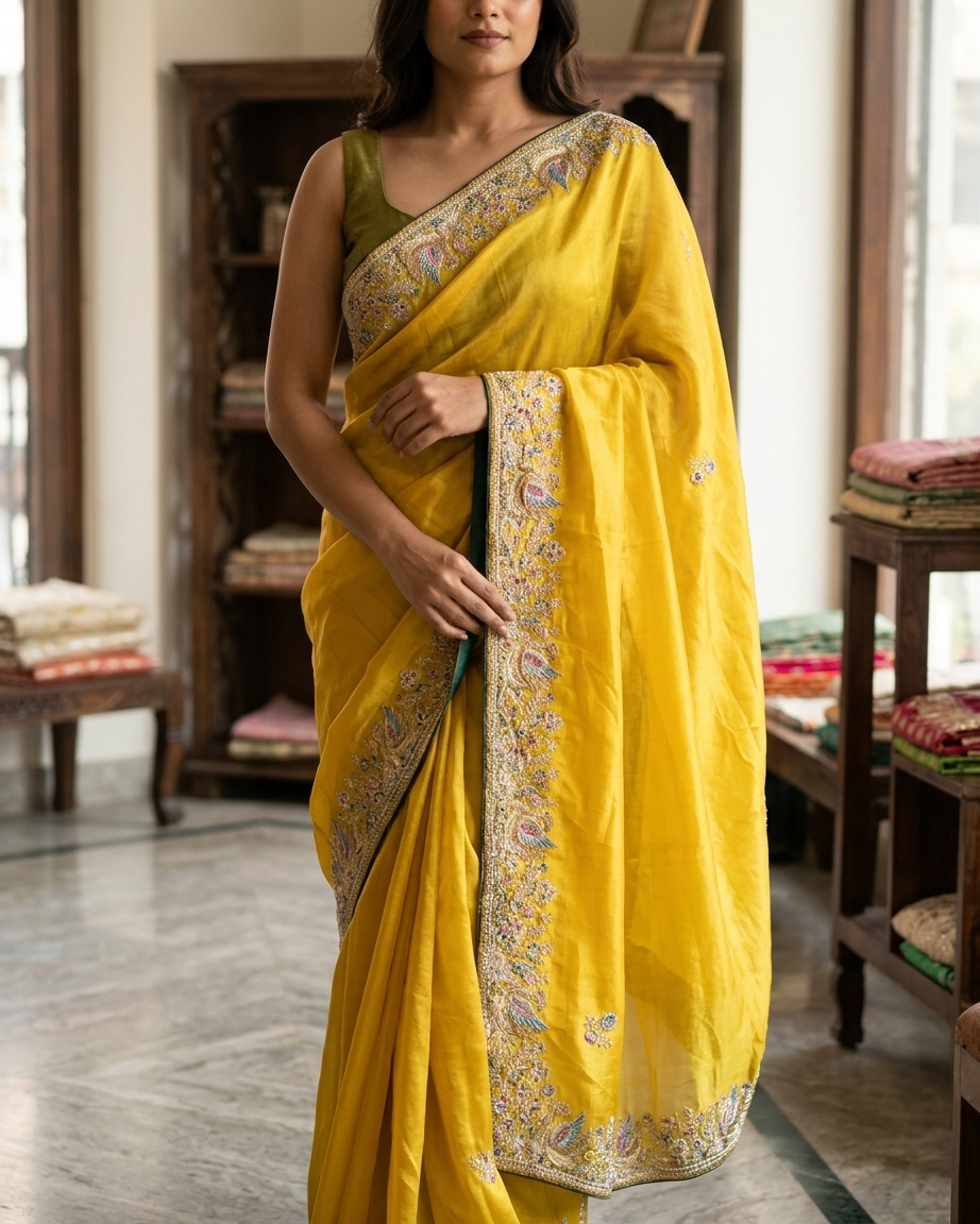 Haldi function yellow saree with detailed thread work and elegant zari border traditional wear India