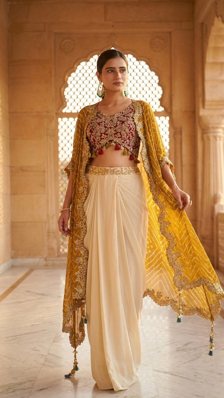Indo western cape outfit with bandhani print and embroidered blouse festive wear