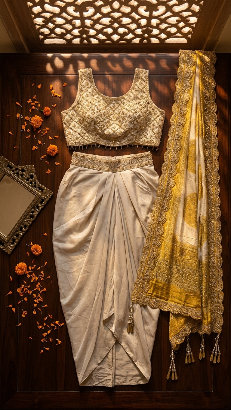 Modern indo western outfit with organza shrug Chandni Chowk inspired festive fashion