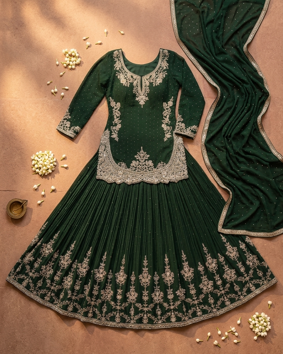 Indo western skirt and kurti set in bottle green color stylish festive outfit for women