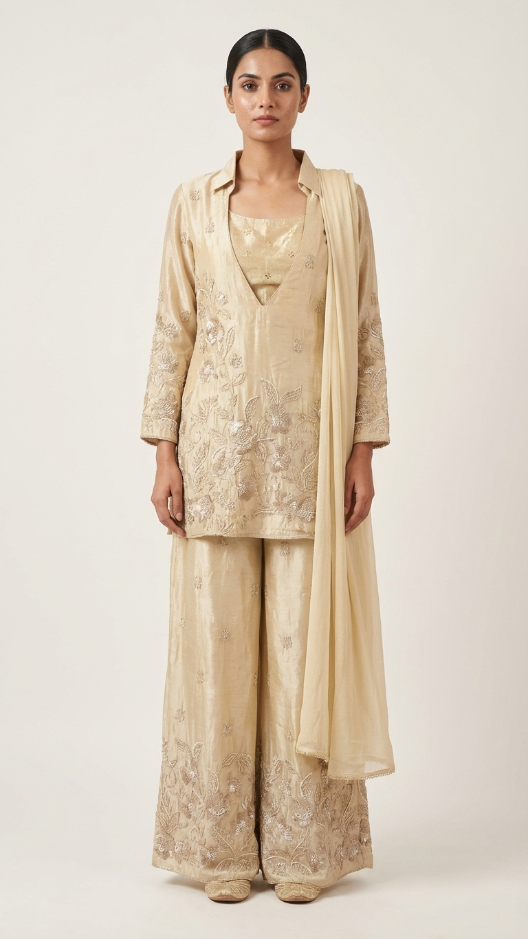 Ivory chanderi silk suit with floral embroidery Chandni Chowk festive wear for women