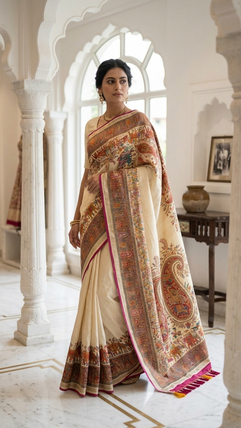 Ivory classic saree inspired by Chandni Chowk heritage fashion