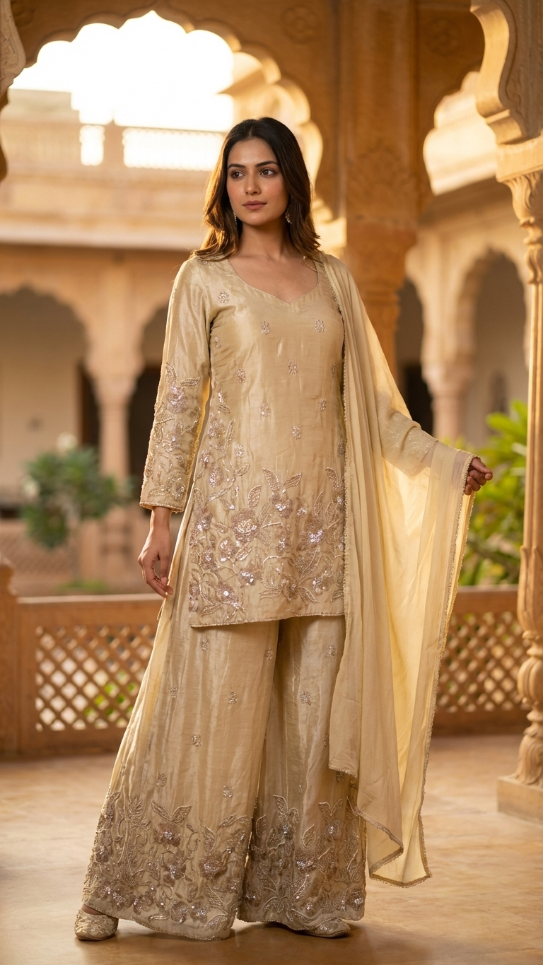 Ivory festive suit with embroidery Chandni Chowk inspired traditional fashion
