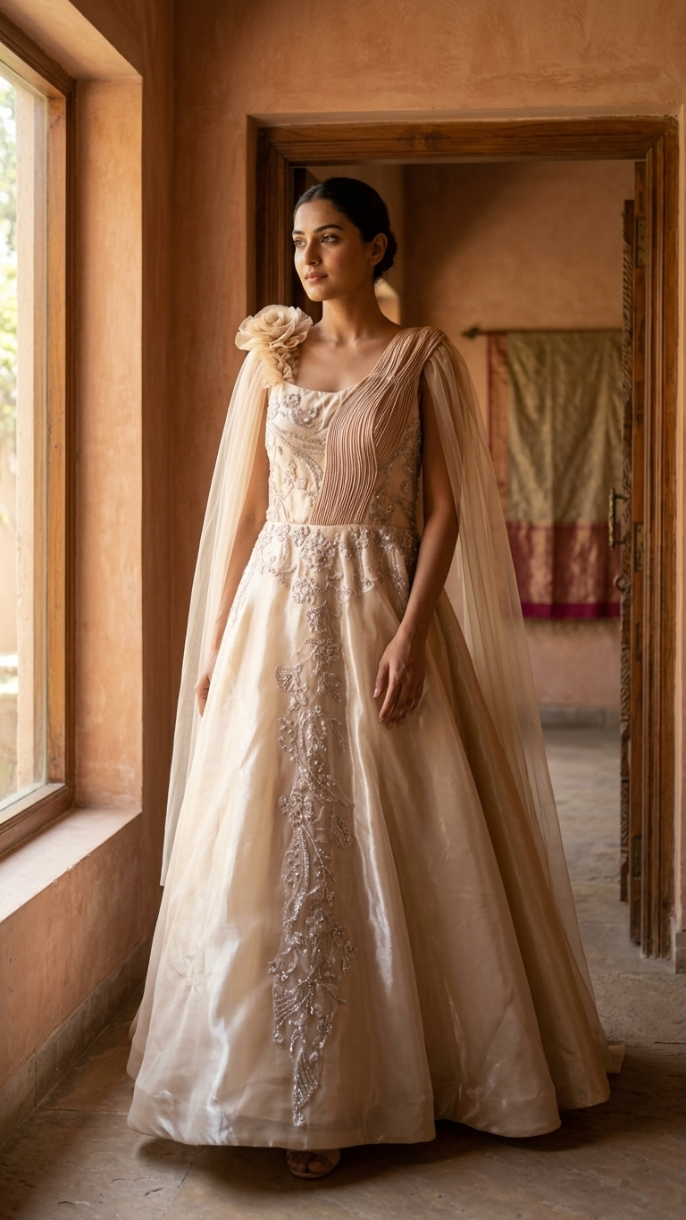 Ivory gown with stone and sequin embroidery pleated panel design Chandni Chowk style