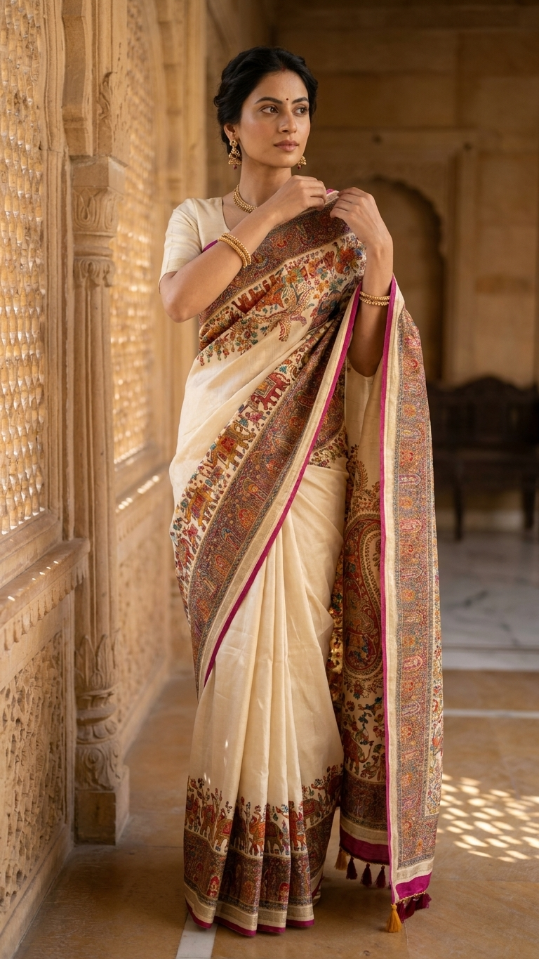 Ivory handloom Maheshwari saree with buti work traditional Indian fashion