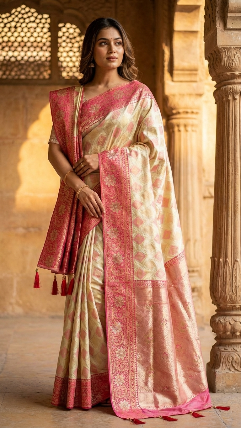 Ivory kanjivaram saree with self weaving Chandni Chowk style traditional saree for women