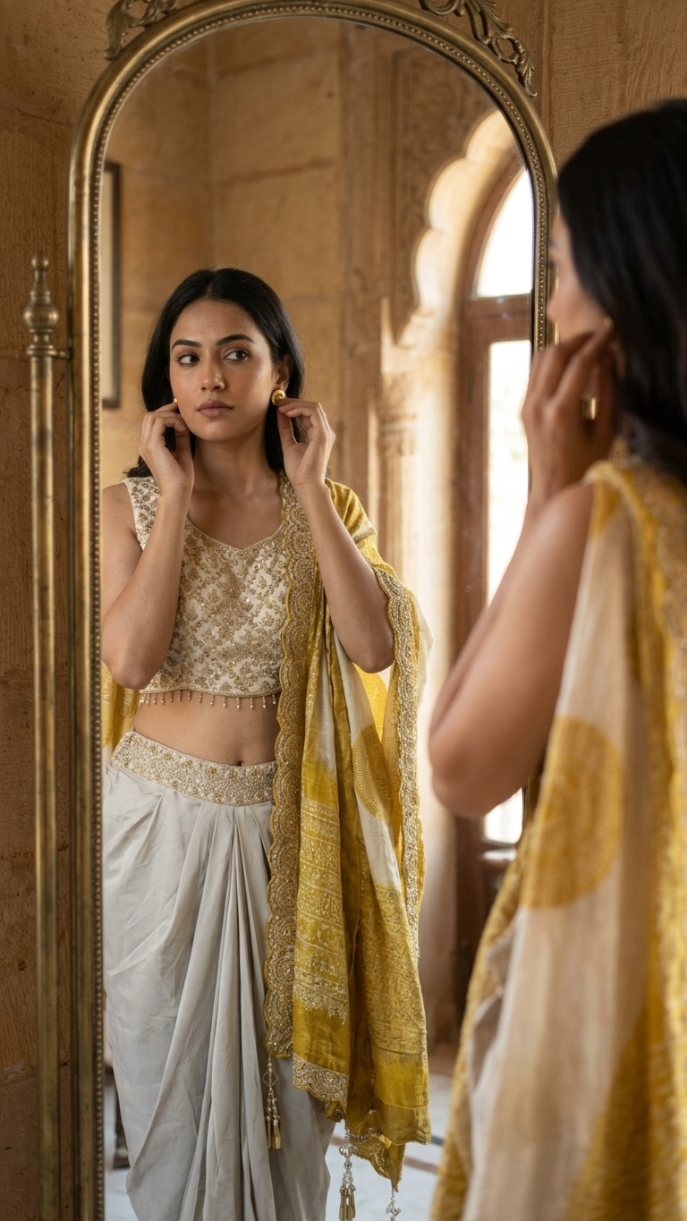 Ivory mustard indo western outfit with organza shrug Chandni Chowk festive wear for women