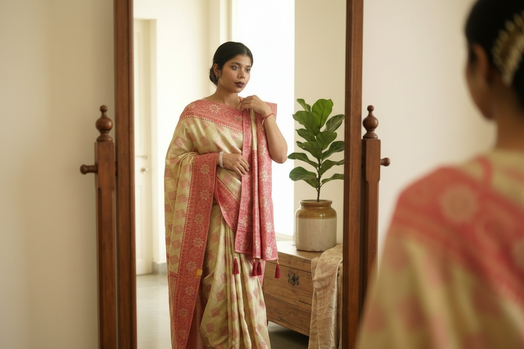 Ivory saree with self weaving design inspired by Chandni Chowk traditional ethnic wear