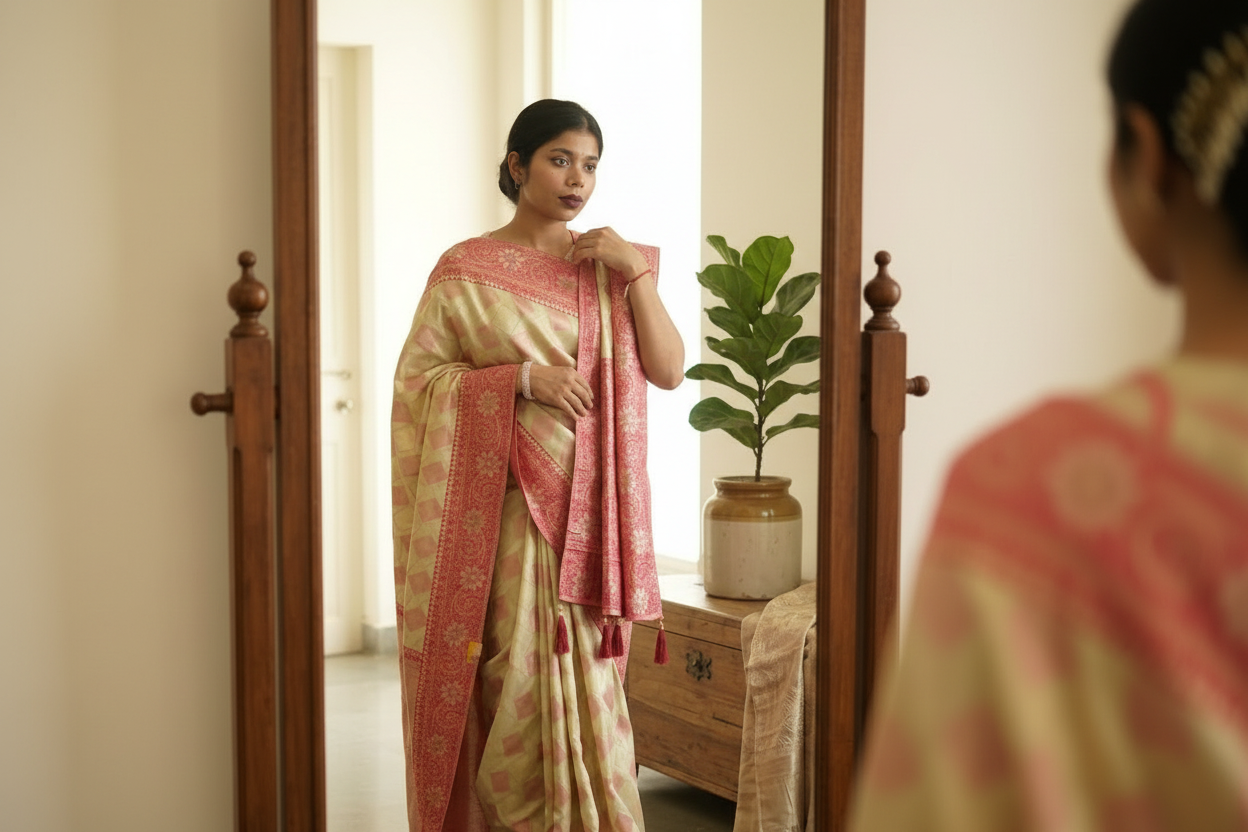 Ivory saree with self weaving design inspired by Chandni Chowk traditional ethnic wear