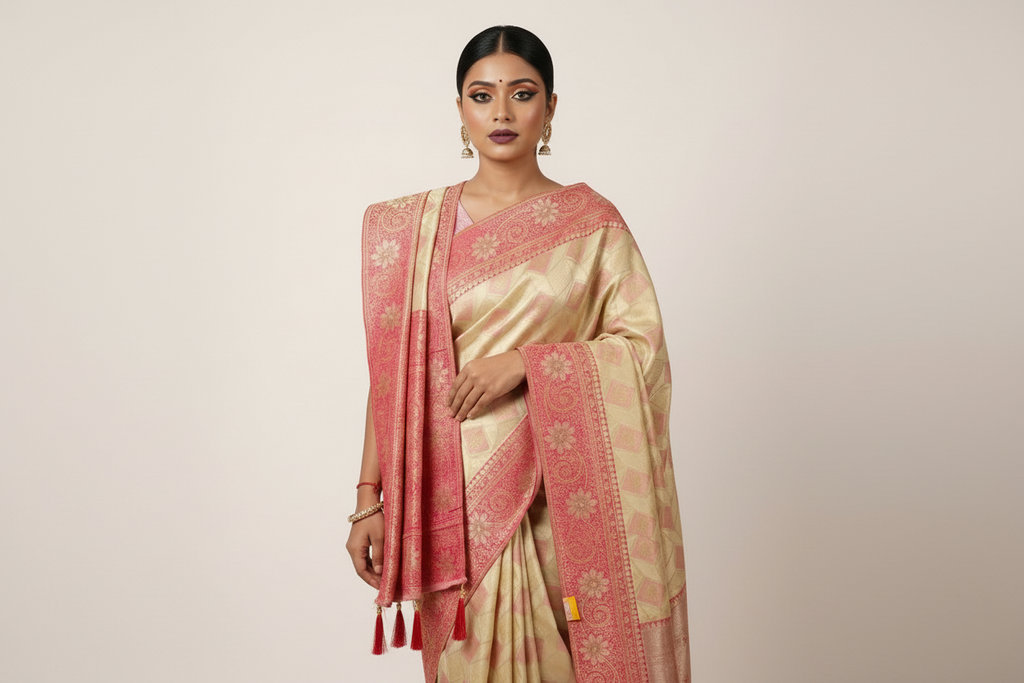 Ivory traditional saree with self weaving classic Chandni Chowk style outfit
