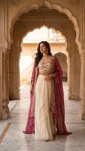 Ivory white draped set with wine embroidered shrug Chandni Chowk festive wear