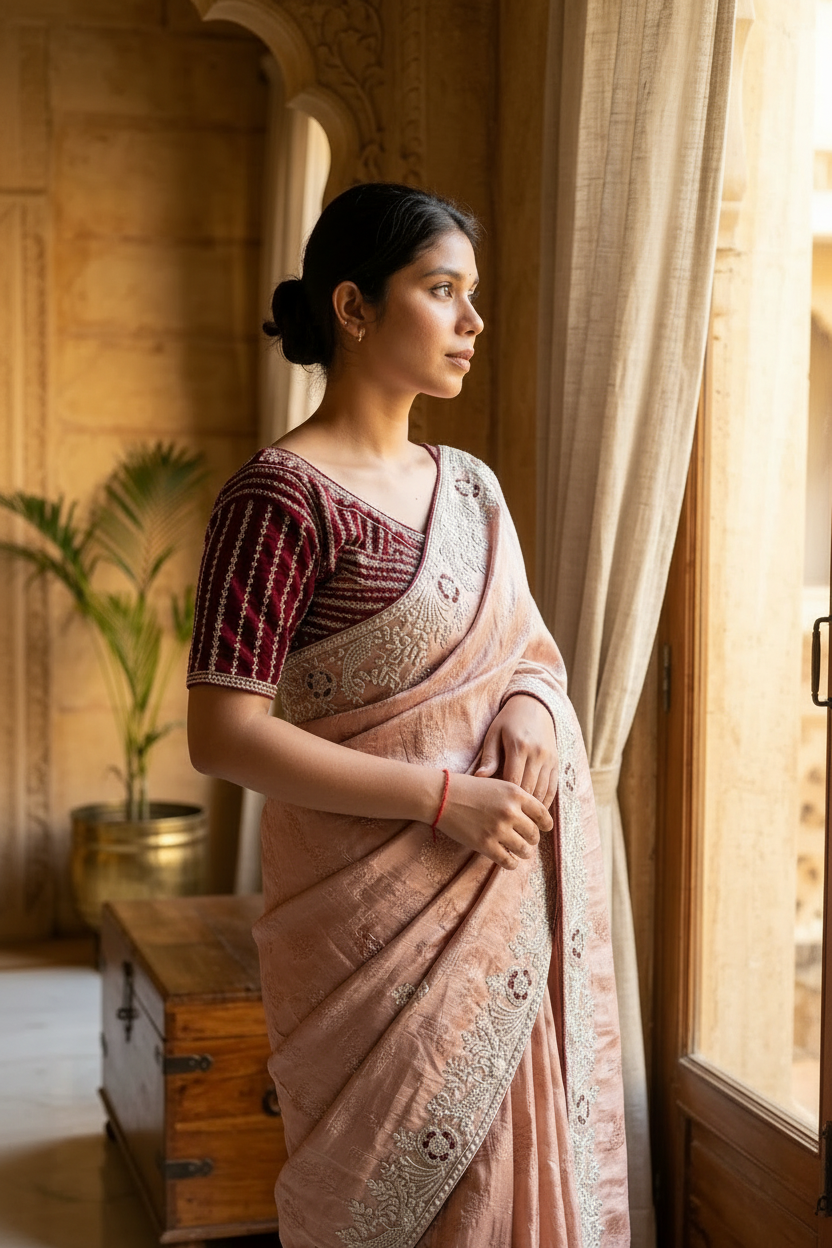 Peach jacquard crepe saree for festive and family functions Indian ethnic wear
