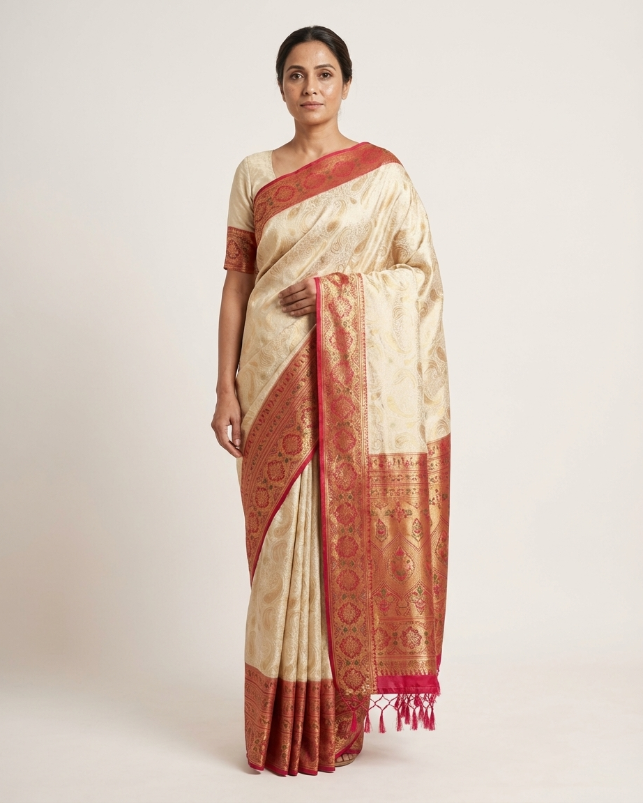 Kanchiwaram silk saree in red and cream colour for wedding and traditional occasions Dilli 6