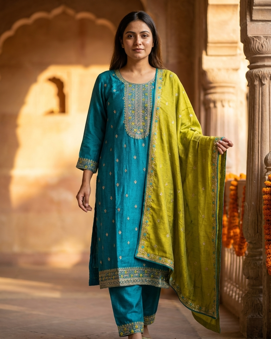 Blue kurti with plazo and yellow dupatta elegant ethnic wear for daily and party use