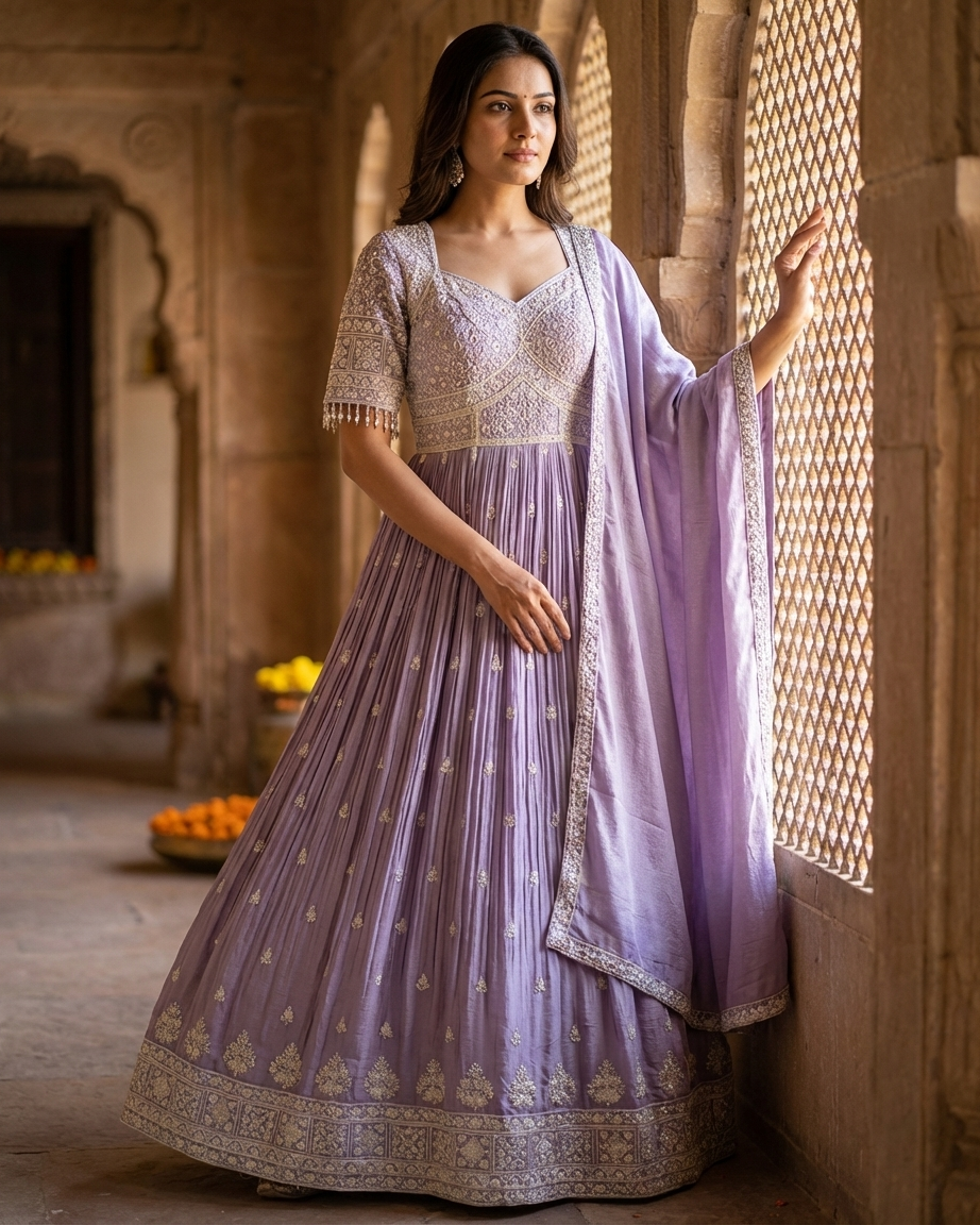 Lavender Anarkali suit for daily wear and festive occasions comfortable ethnic outfit