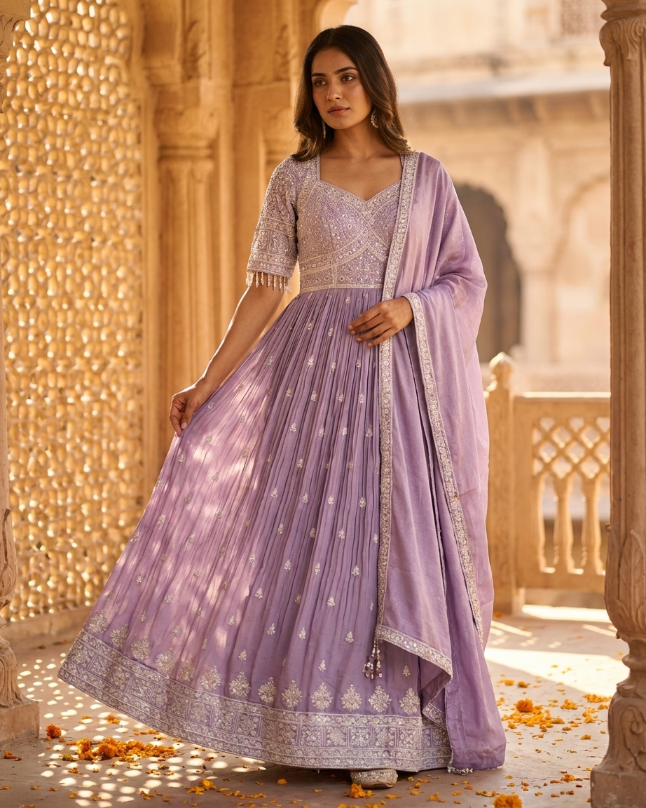 Lavender Anarkali suit with thread work elegant daily wear and light party wear outfit India