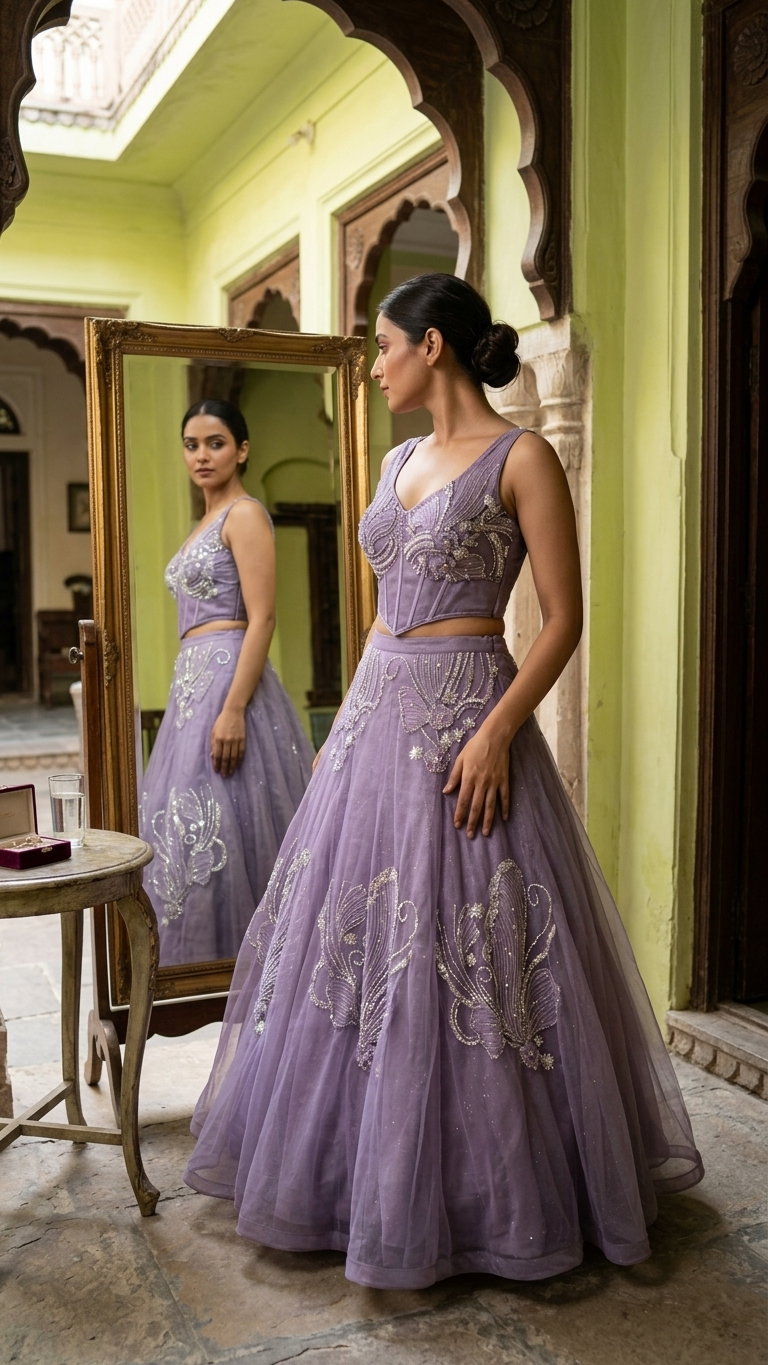 Dusty lavender designer fishcut stylish cocktail and reception wear for women India