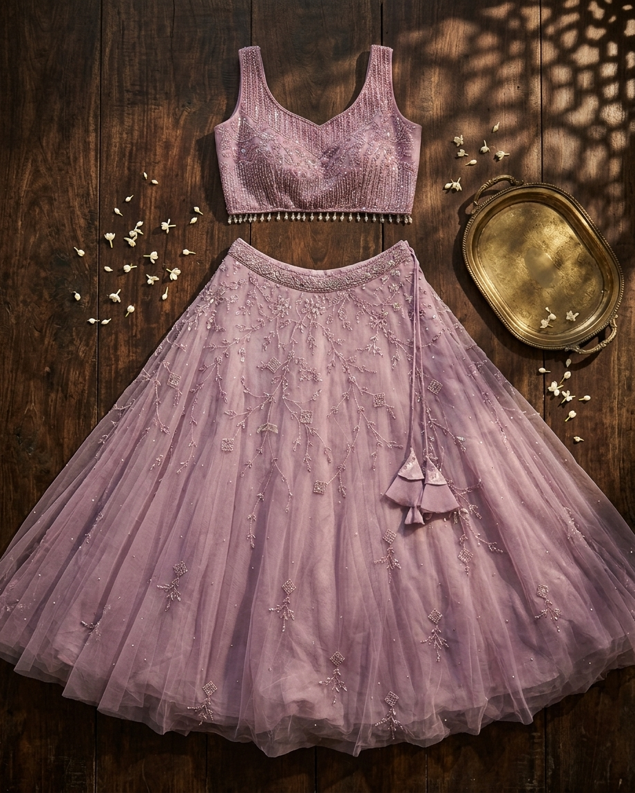 Soft lavender lehenga with resham embroidery Chandni Chowk wedding wear for women