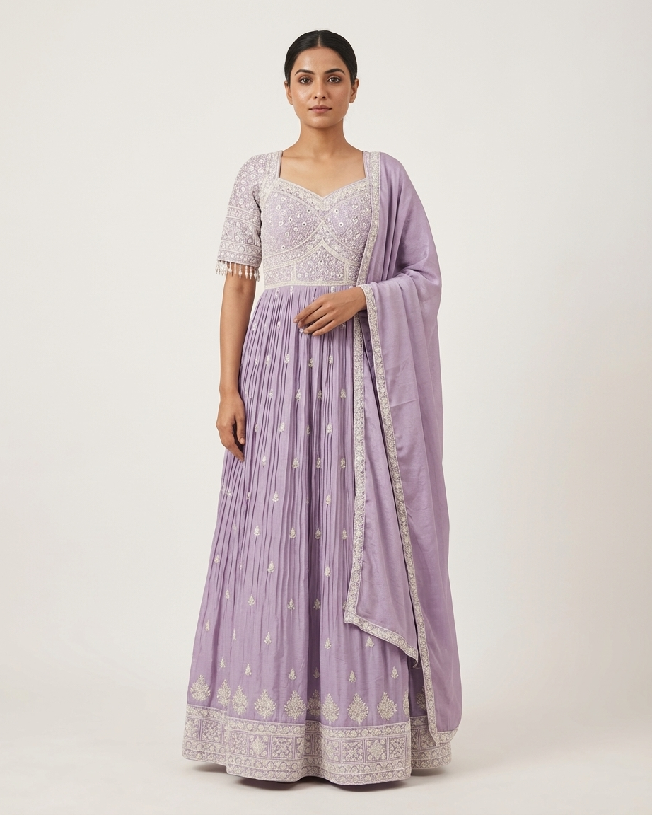 Lavender ethnic suit with heavy sleeve detailing stylish Anarkali dress for women