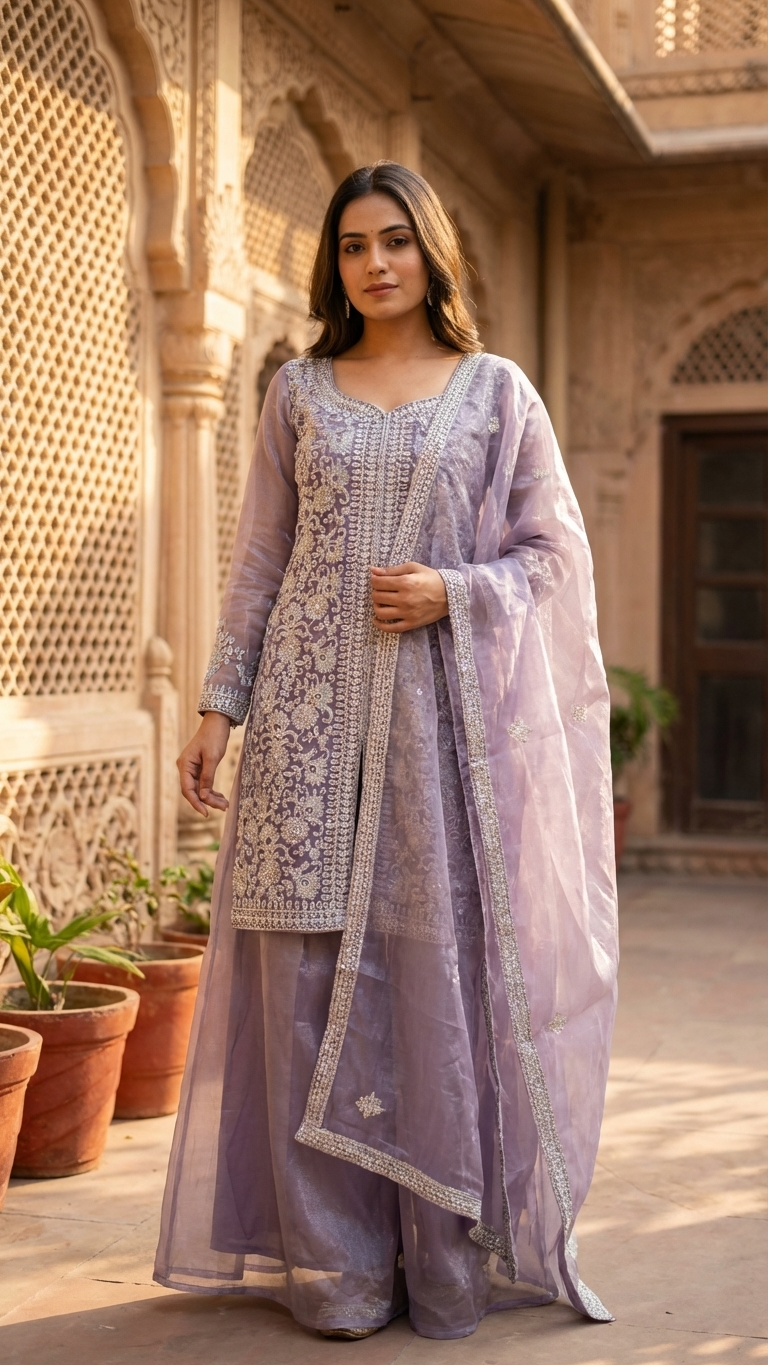 Lavender ethnic suit with mirror work stylish party wear outfit for women