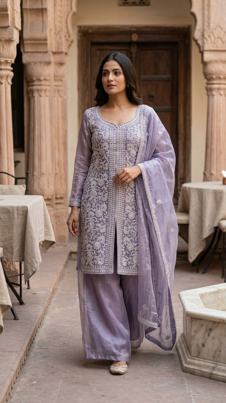Chinon suit in lavender color elegant festive and evening wear outfit for women