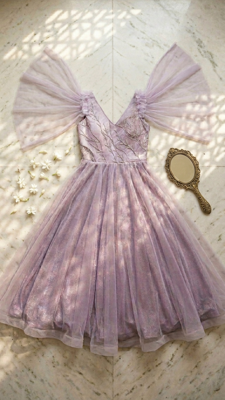 Lavender festive gown with shimmer and embroidery Chandni Chowk style outfit