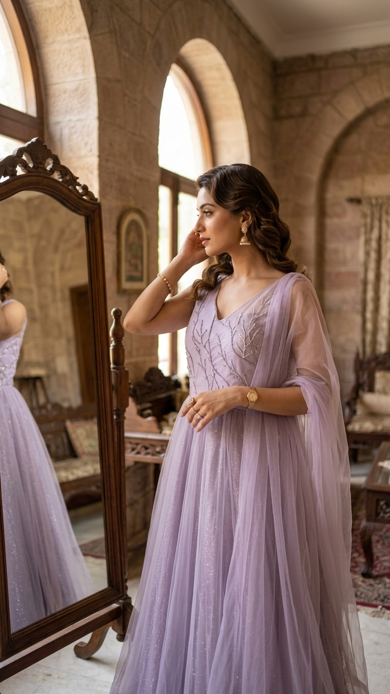 Lavender gown with katdana and zarkan work inspired by Chandni Chowk festive fashion